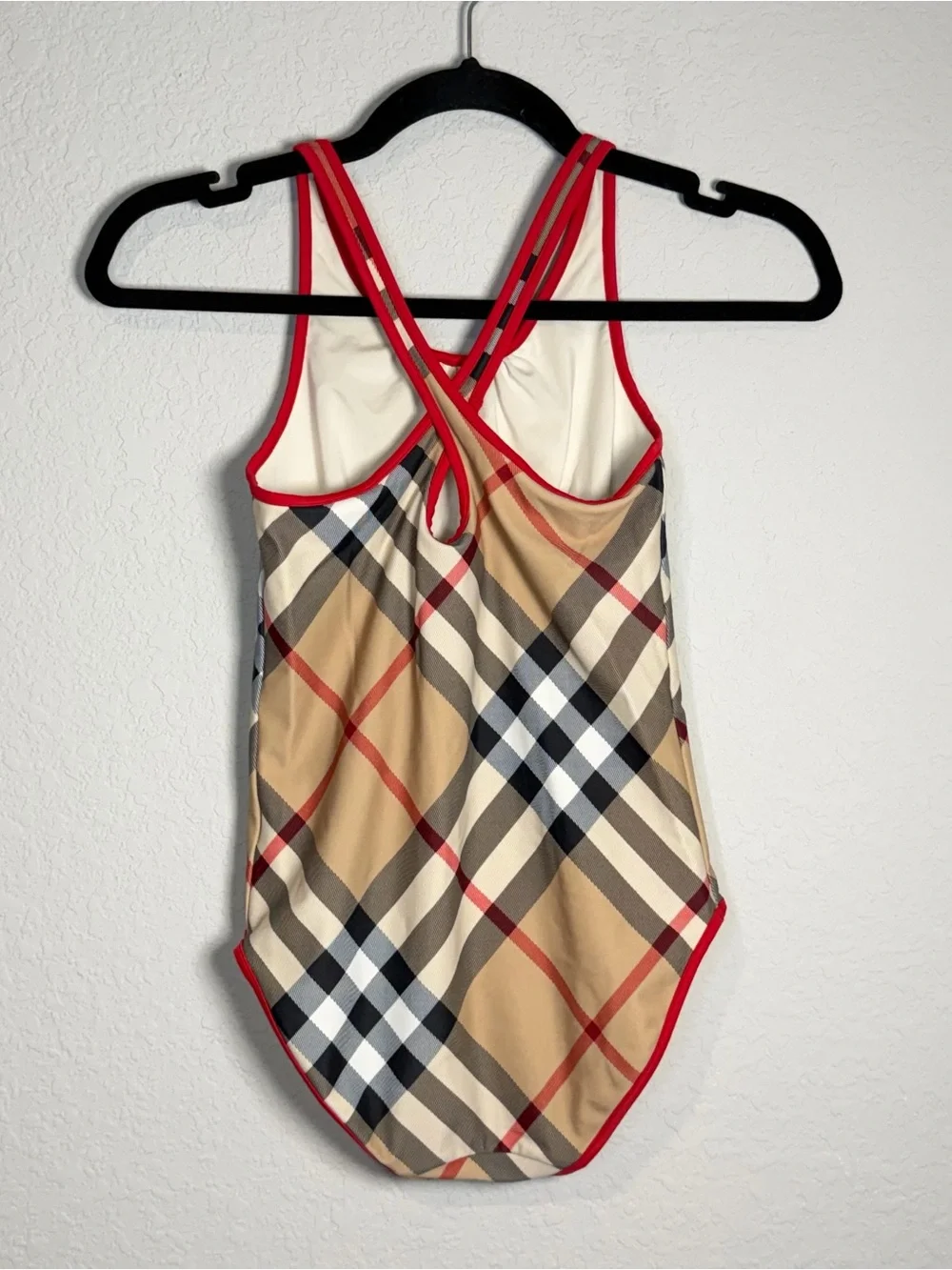 Burberry Children's One-Piece Swimsuit in Tan Plaid with Red Trim
